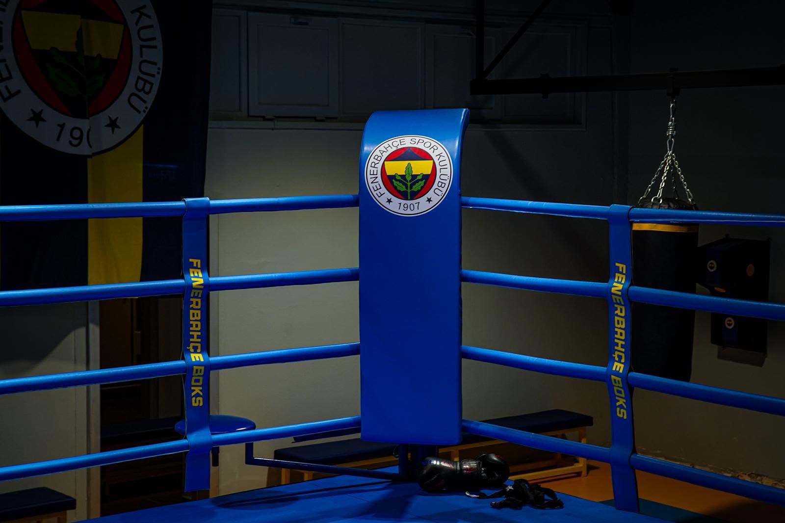 Fenerbahçe armalı mavi ring köşesi ve ring ipleri