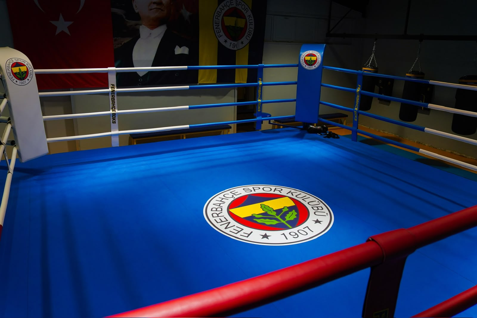 Fenerbahçe arması bulunan mavi zeminli boks ringi